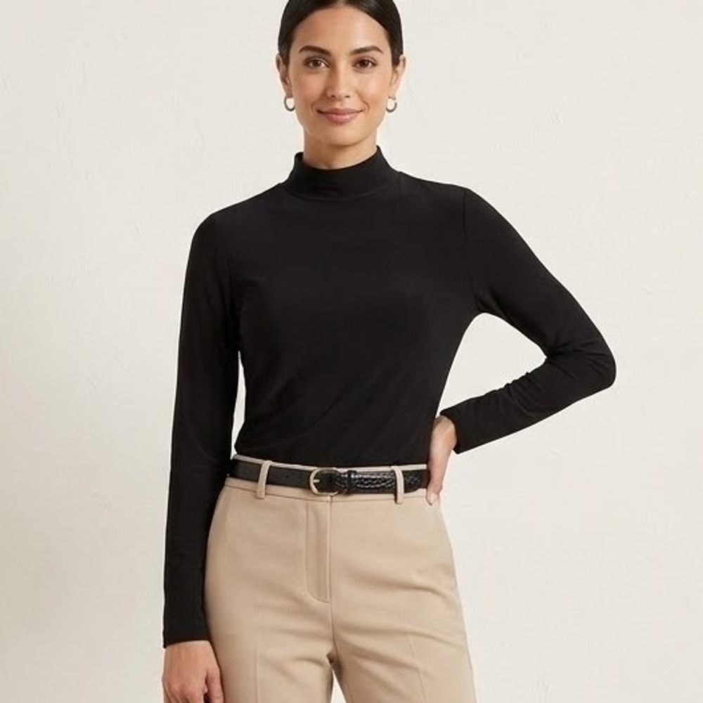 St John Caviar Womens Large Black Mock Neck Long Sleeve Stretch Top Liquid Knit